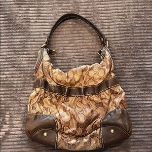 Gucci Crystal Tan & Dark Brown Monogram Hobo Shoulder Bag